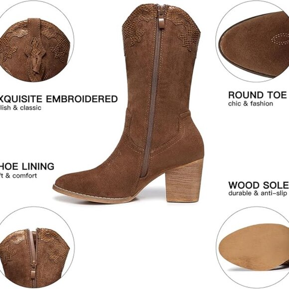 NEW! Women: Western Country High Heel Boots Suede Zipper Mid Calf Booties Brown - Picture 5 of 5